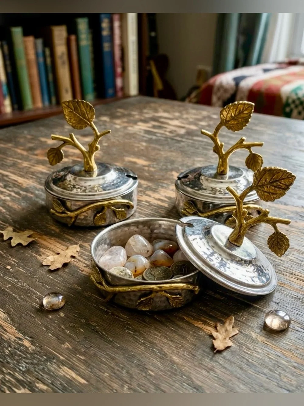 Vintage Godinger Silver Art Co Leaf Condiment Jam Jars Set of 3 - Brass & Stainl